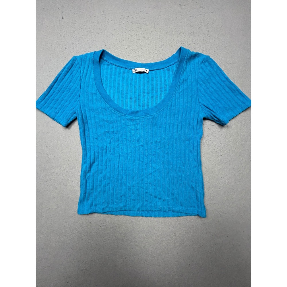 Zara Ribbed Knit Scoop Neck Short Sleeve Blue Top Size M Medium Womens